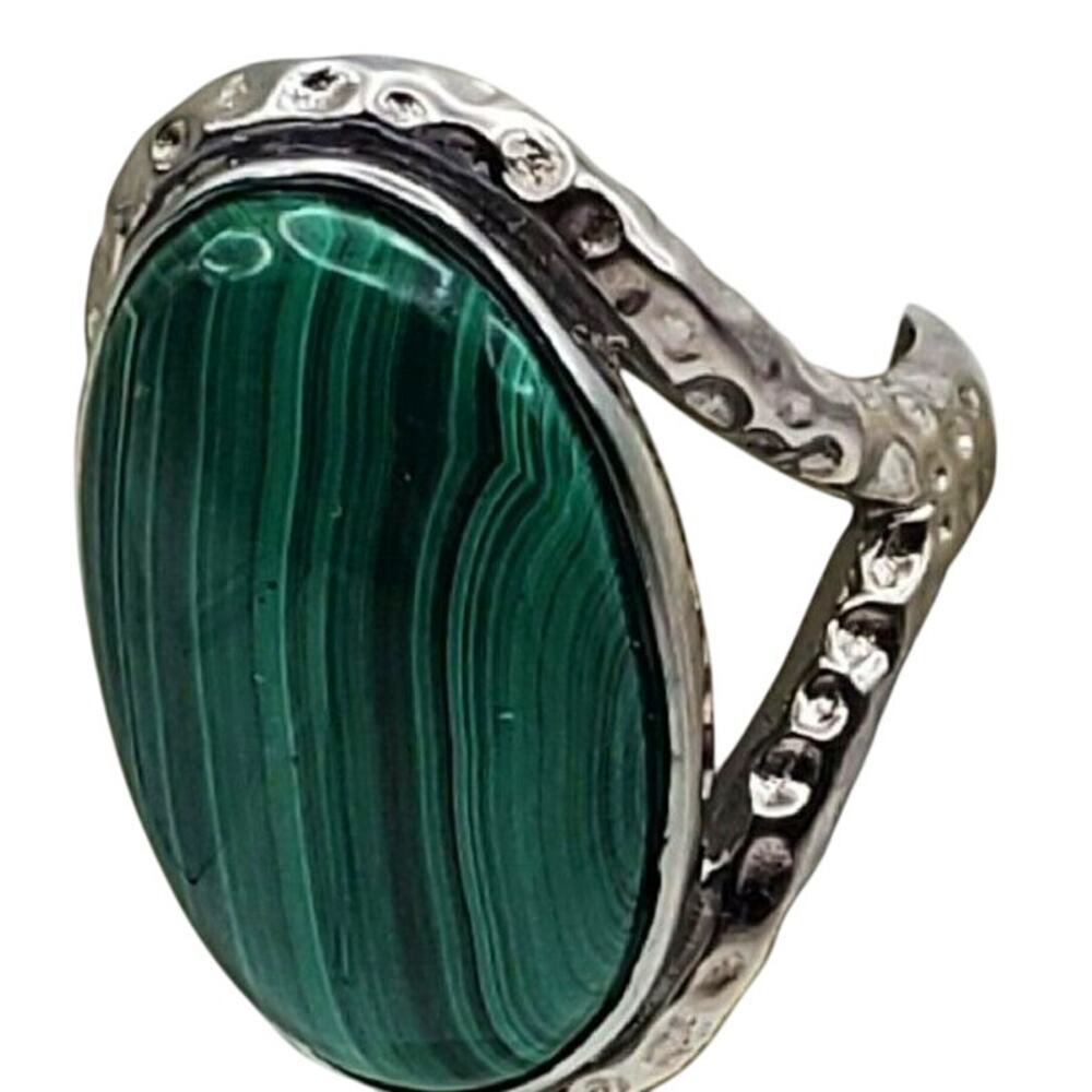 GSJ Large Oval Malachite Cocktail Ring Silver Tone Green Size 9 Stainless Steel
